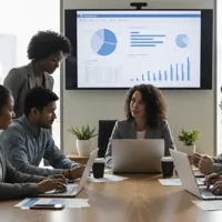 Group of professionals in a meeting room discussing data displayed on a screen.