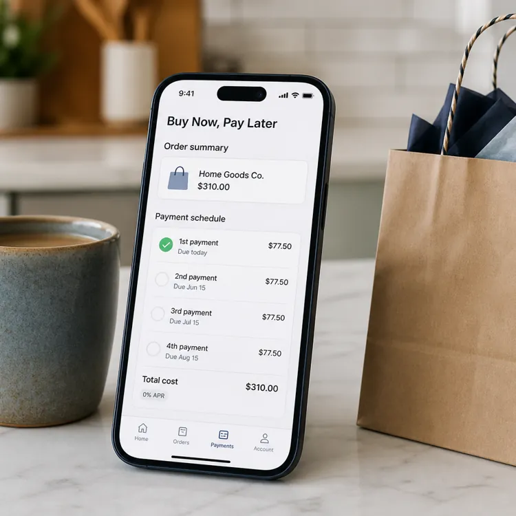 Smartphone displaying a buy now pay later app next to a coffee cup and shopping bag on a counter