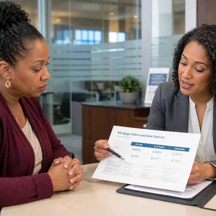 Two women sitting at a desk reviewing a mortgage points and rate options document together