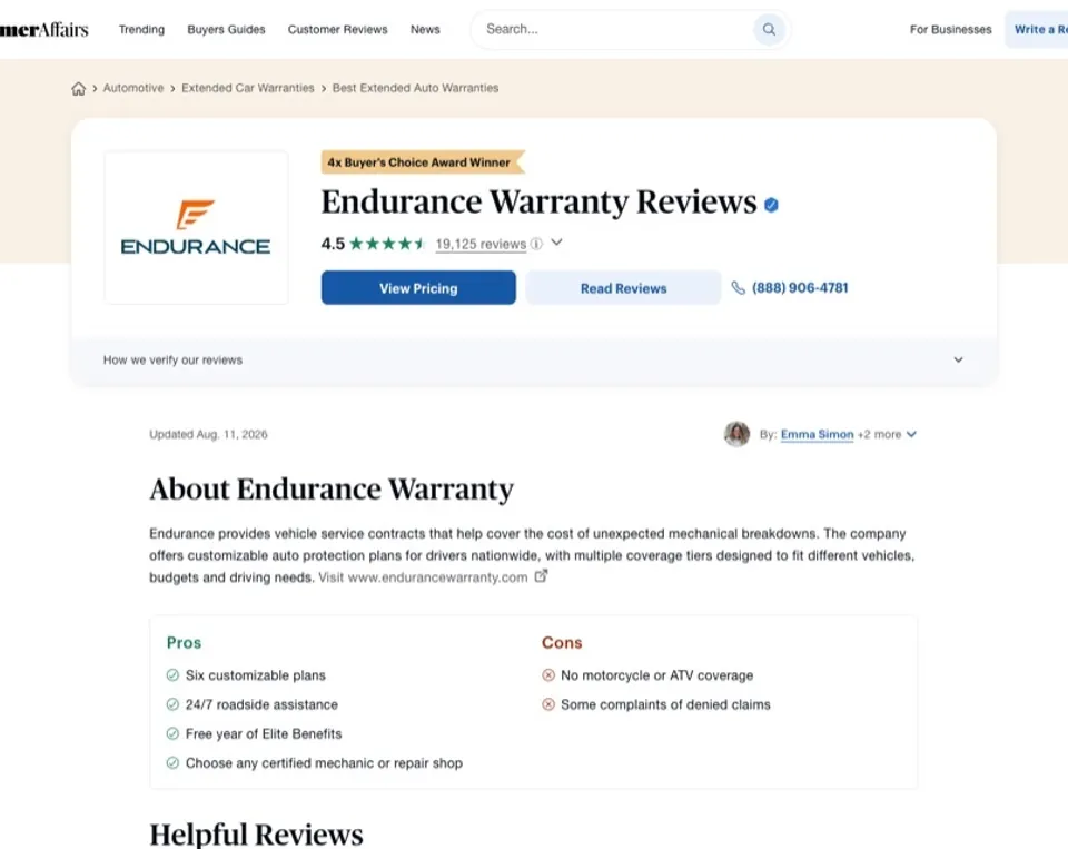 Endurance Warranty's ConsumerAffairs profile: 4.5 stars across 19,125 reviews, a 4x Buyer's Choice Award ribbon, an editorial About section with pros and cons, and verified customer reviews below it