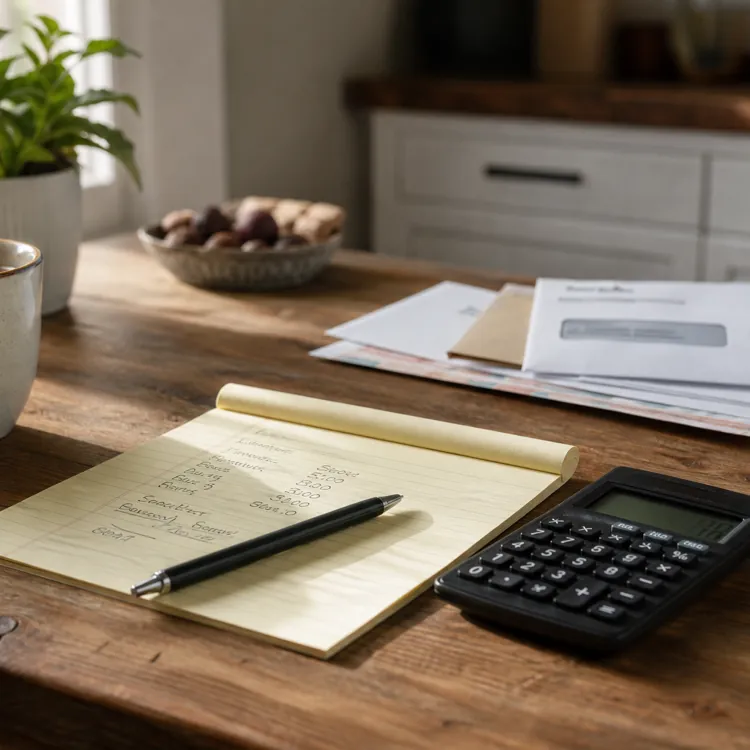 Calculator, notepad, pen, coffee mug, and bills on a wooden kitchen table in sunlight