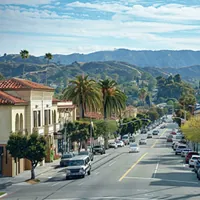 road lined with palm trees and mountains in the background