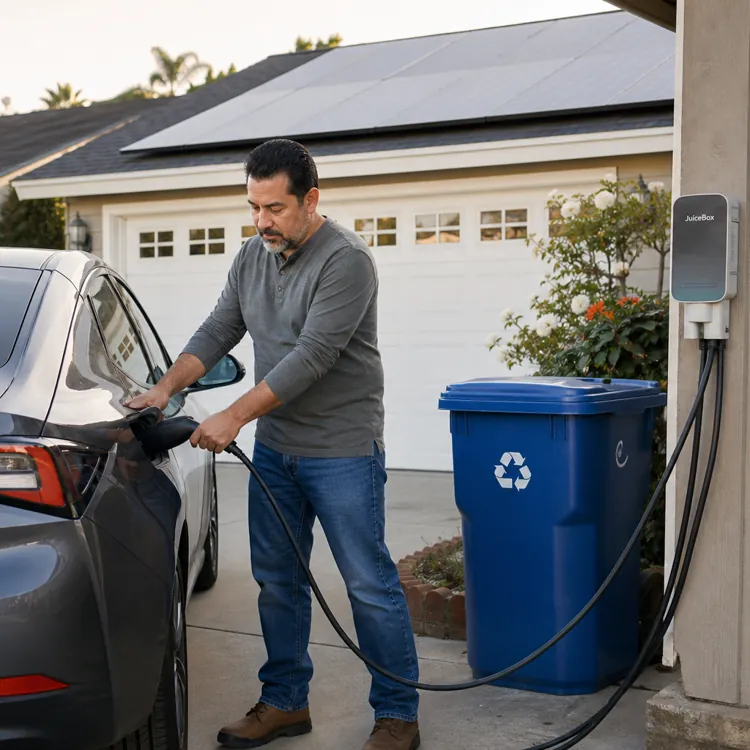 Man charging electric car at home next to recycling bin and solar panels on garage roof