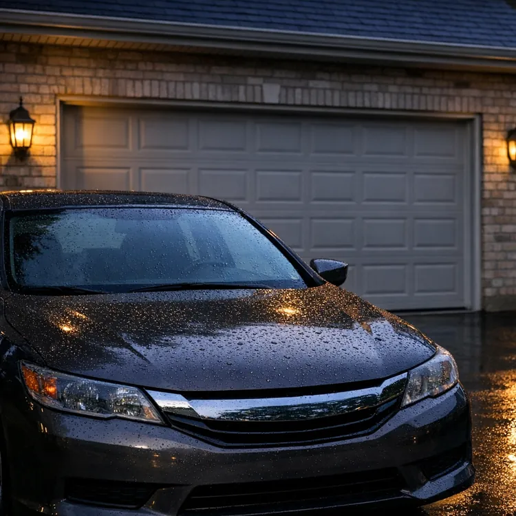 Wet car parked on driveway in front of lit suburban house at night