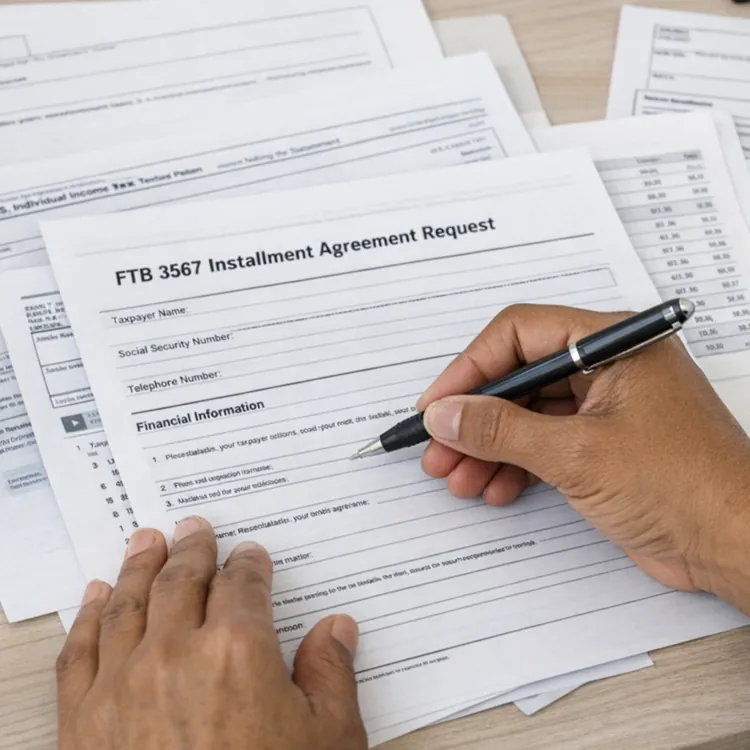 Person filling out financial documents on a desk with a pen, surrounded by tax forms and a calculator.