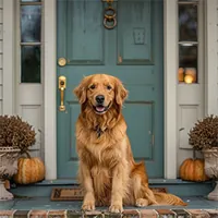 a golden retriever sitting by the front door