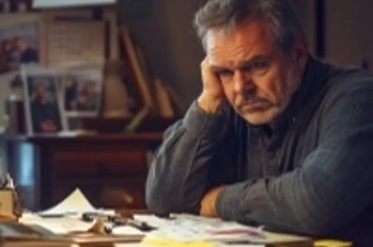 a man sitting at a table, leaning on his hand and looking anxious