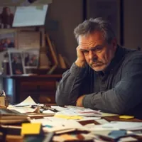 a man sitting at a table, leaning on his hand and looking anxious