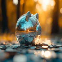 transparent piggy bank half-filled with coins set atop some coins