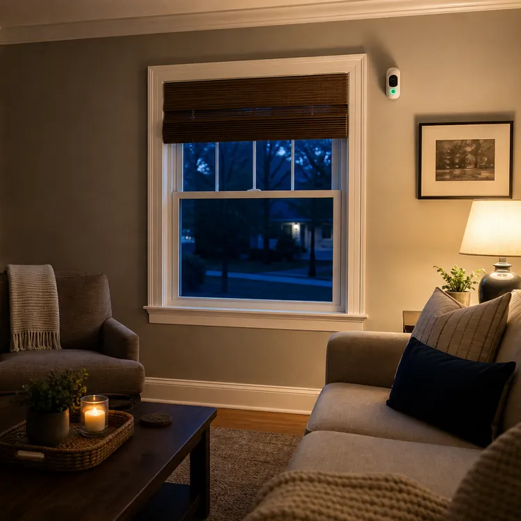 Cozy living room with smart security camera on wall and warm lamp lighting