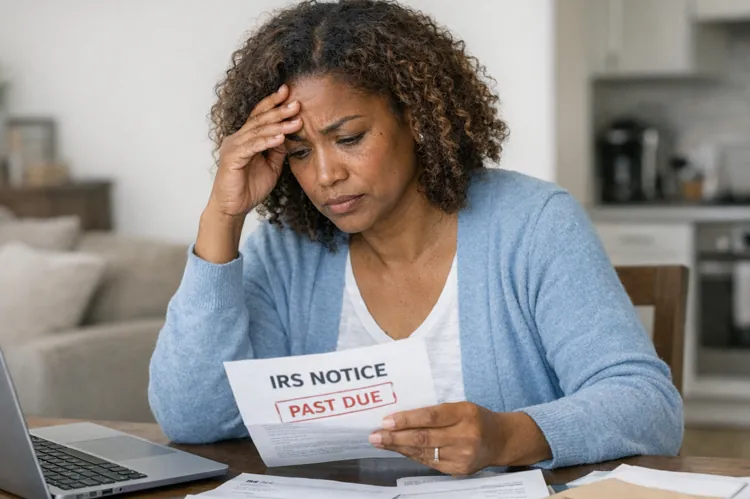 Woman sitting at a table with a laptop and calculator, looking worriedly at a past due IRS notice among other bills.