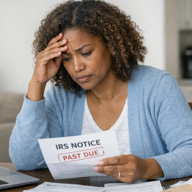 Woman sitting at a table with a laptop and calculator, looking worriedly at a past due IRS notice among other bills.