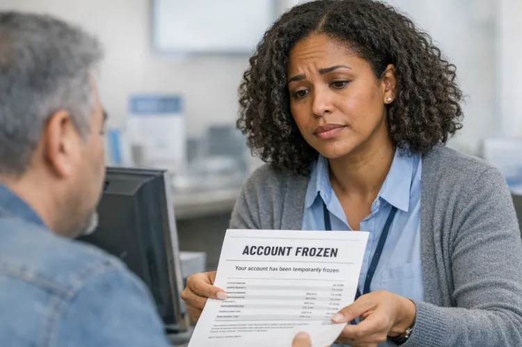 Woman in an office handing a paper labeled 'Account Frozen' to a man, both looking concerned.
