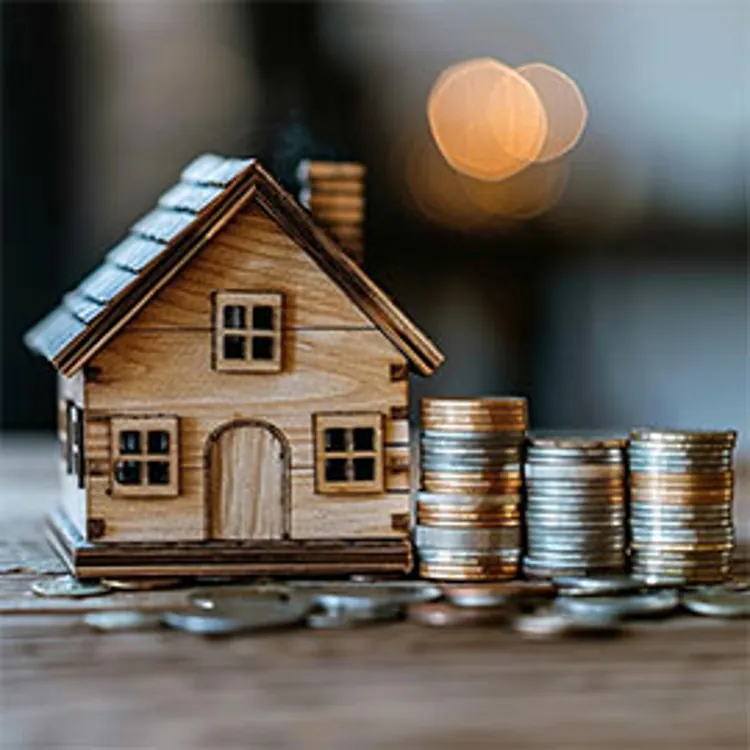 wooden model house with three stacks of coins on the side