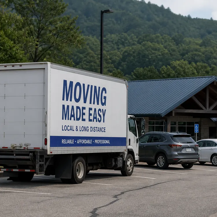 Moving truck parked at a rest area parking lot with several cars and a building in the background