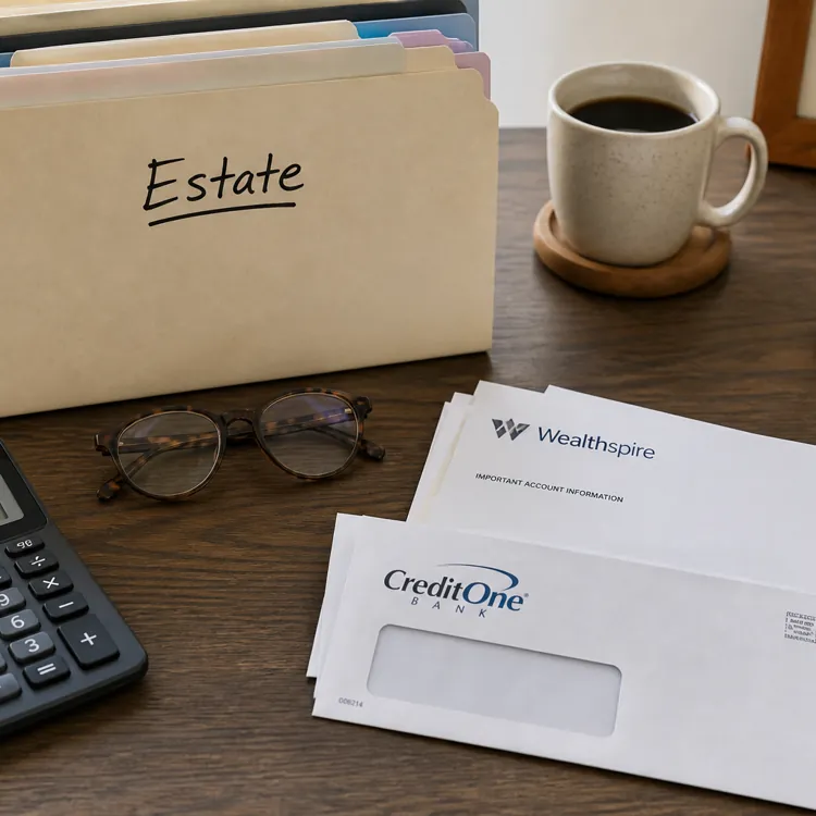 Estate file folder, calculator, eyeglasses, envelopes, coffee cup, and books on a wooden desk