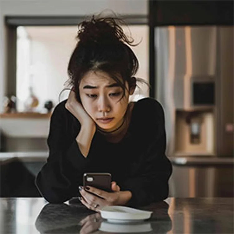worried woman looking at a mobile phone