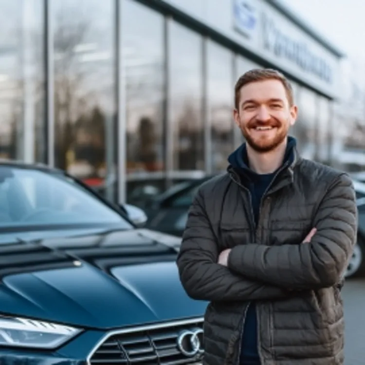 a man standing outside of a dealership, smiling, with crossed arms