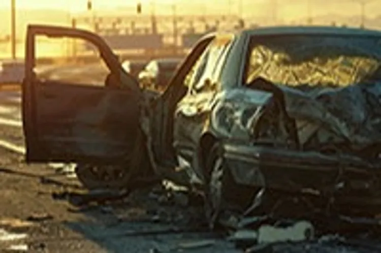 wrecked car by the freeway