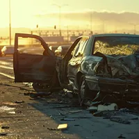 wrecked car by the freeway