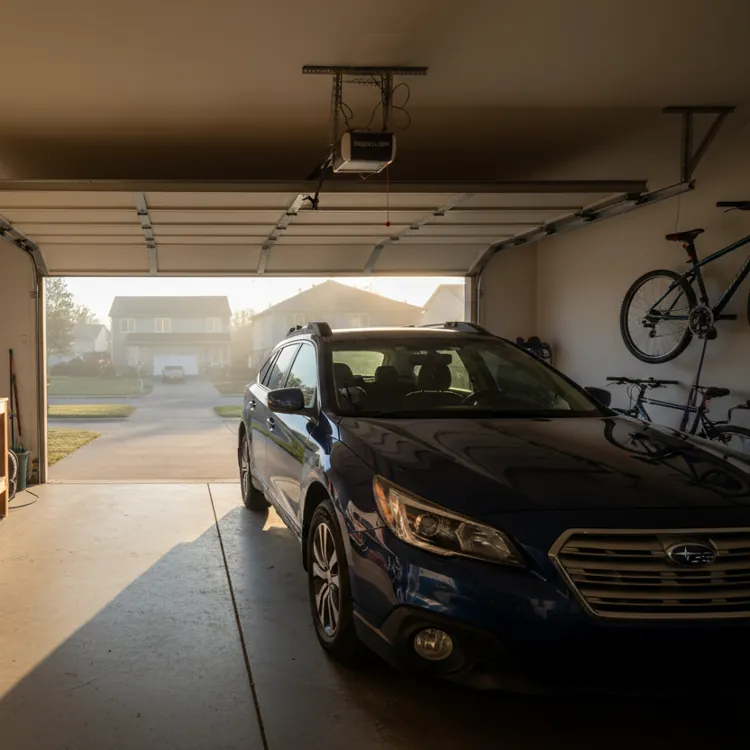 Blue car parked in a tidy garage with tools and oil containers on a workbench
