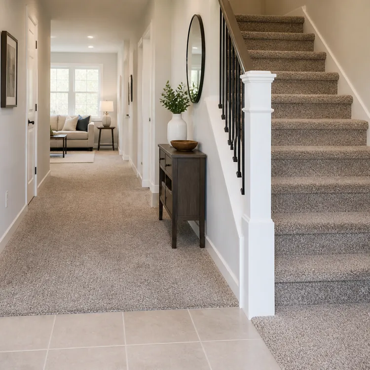 Carpeted hallway with staircase, console table, round mirror, and view into living room