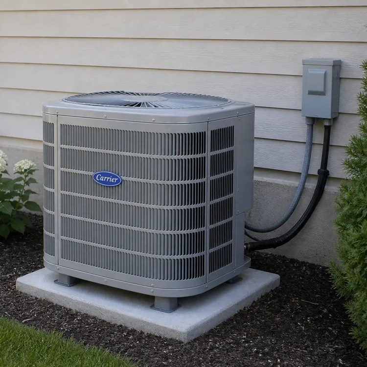 gray outdoor air conditioning unit next to house siding with flowers and green shrubs nearby