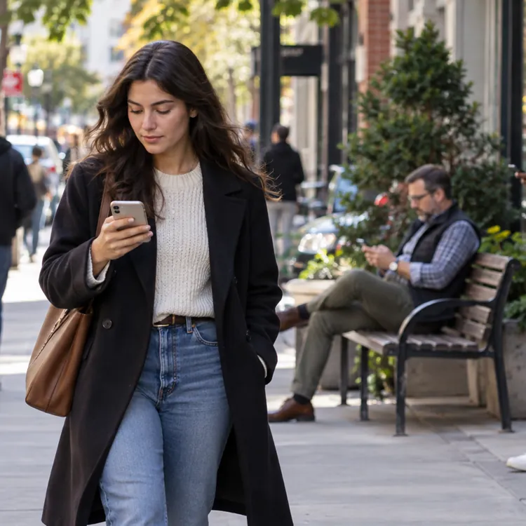 People using smartphones while walking and standing on a city sidewalk near shops