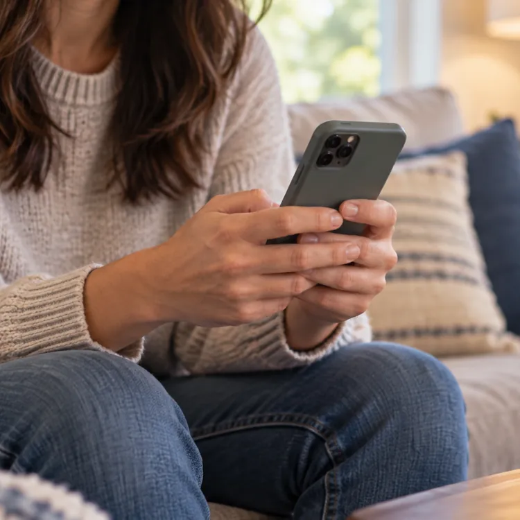Woman sitting on a couch using a smartphone in a cozy living room