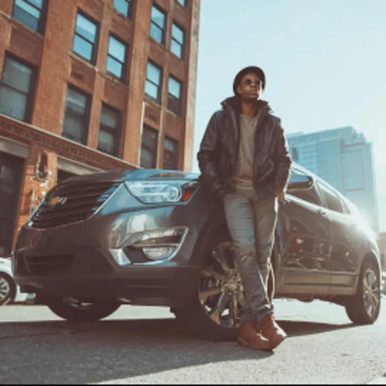 young man leaning against a parked car
