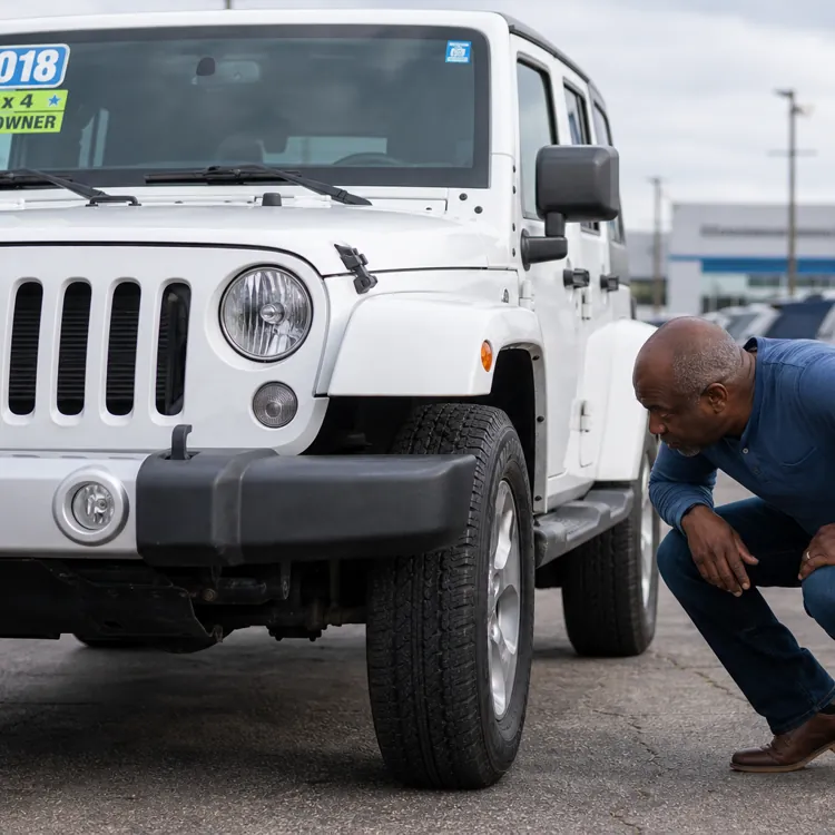 Man closely inspecting the tire of a white used Jeep at a dealership lot