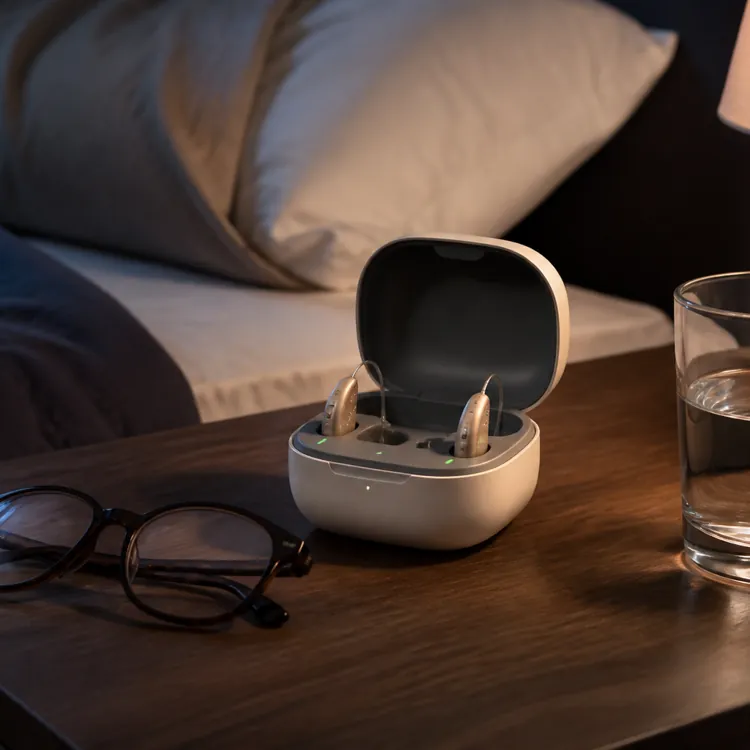 Pair of hearing aids in a charging case next to eyeglasses and a glass of water on a nightstand