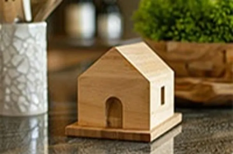 miniature wooden house on dark marble kitchen counter