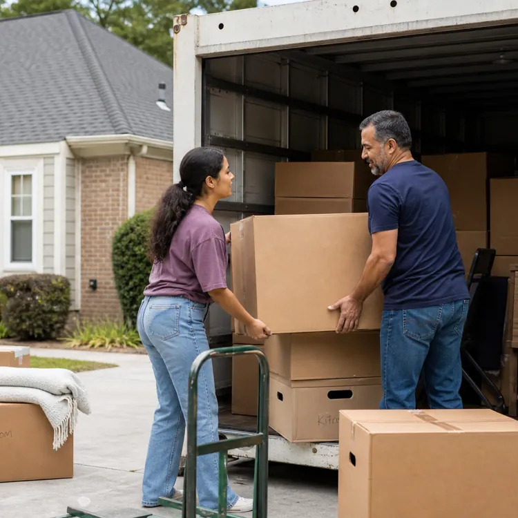 Two people loading cardboard boxes into a moving container outside a suburban house