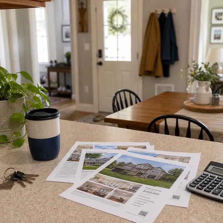 House listings, calculator, keys, and coffee cup on a kitchen counter in a bright home