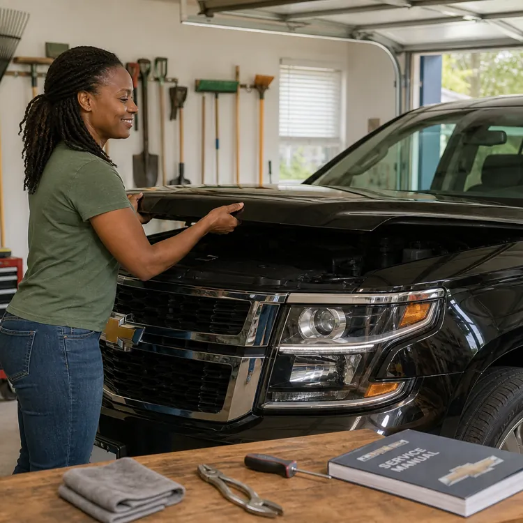 Woman opening the hood of a black Chevrolet Tahoe SUV in a garage with tools and a manual nearby