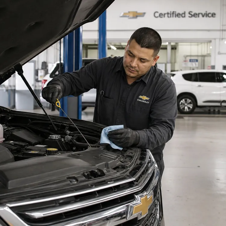 A mechanic inspects a Chevrolet SUV during routine maintenance at a certified service center.