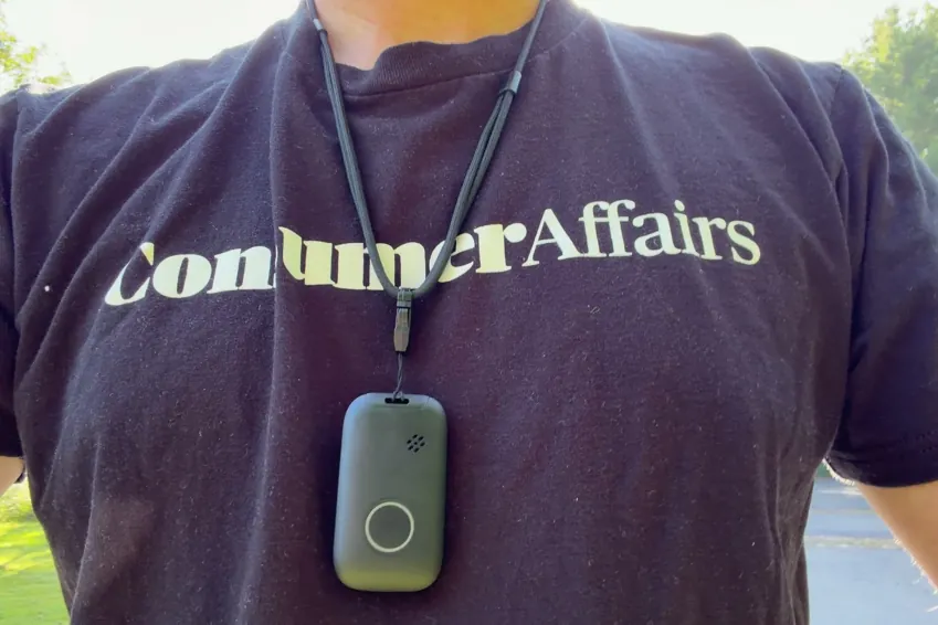 Chris Kolmar wearing the MobileHelp Elite pendant on its lanyard outdoors