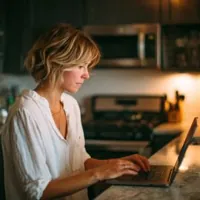 woman typing on laptop in her kitchen counter