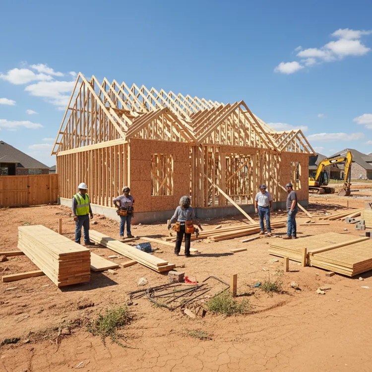 Workers building a wooden house frame on a sunny day in a suburban neighborhood