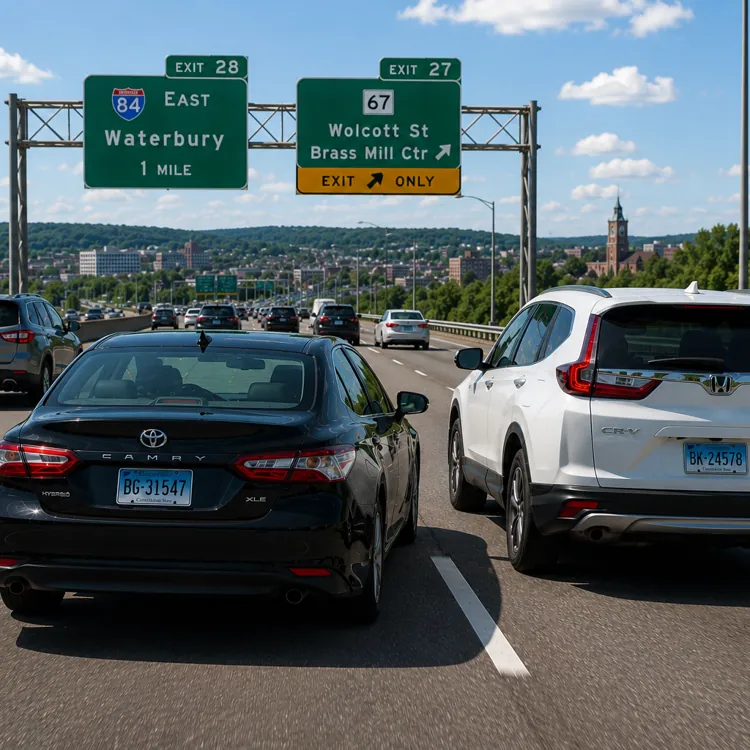 Black sedan and white SUV driving on a highway under green exit signs on a sunny day