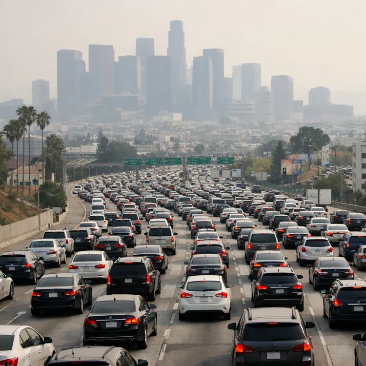 Heavy traffic on a multi-lane freeway with a hazy city skyline in the background