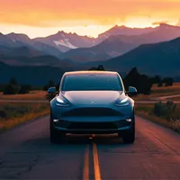 electric vehicle on a highway with mountains in the background