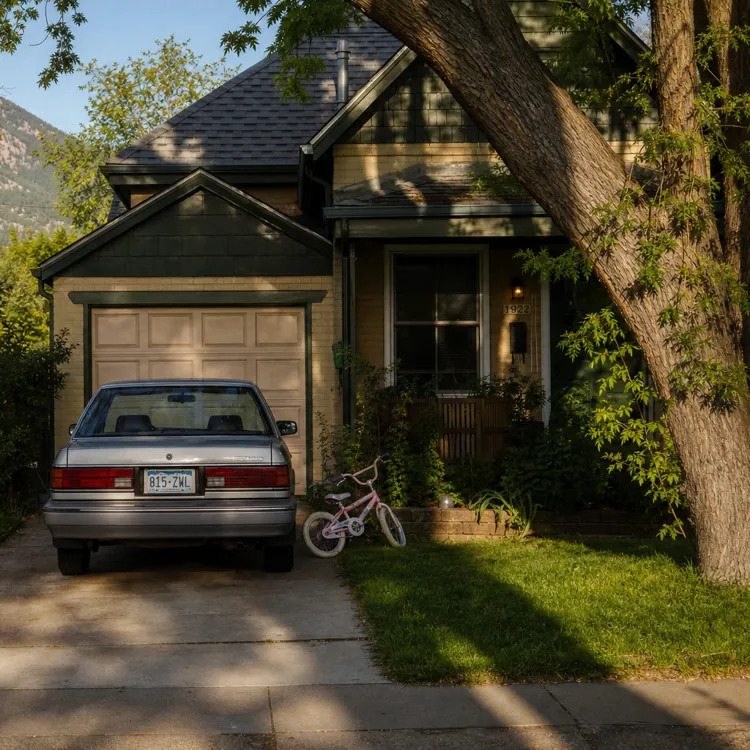 Sedan parked in a driveway with a child's bike beside a suburban home and large tree