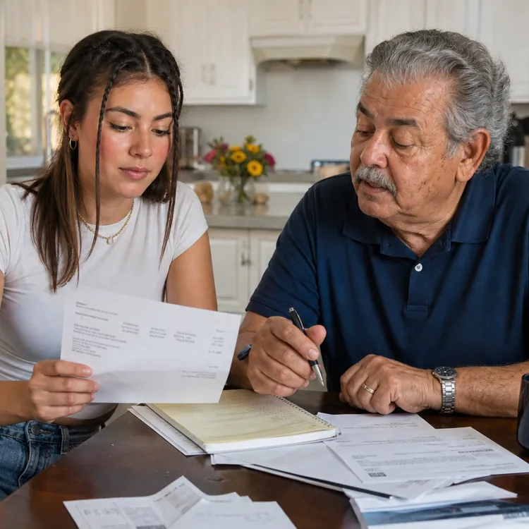 Young woman and older man reviewing bills together at a kitchen table with paperwork and a mug
