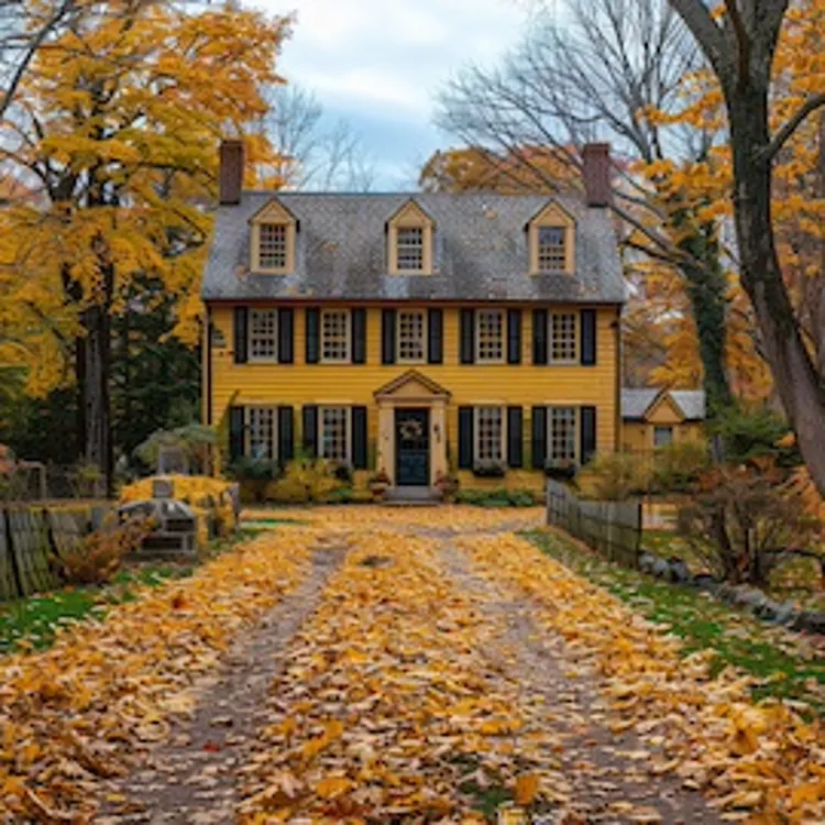a house with a path full of fallen leaves in front