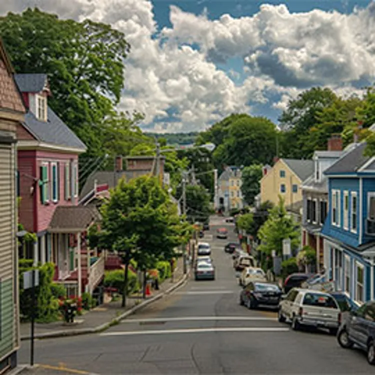 residential area street with parked cars and colorful houses in connecticut