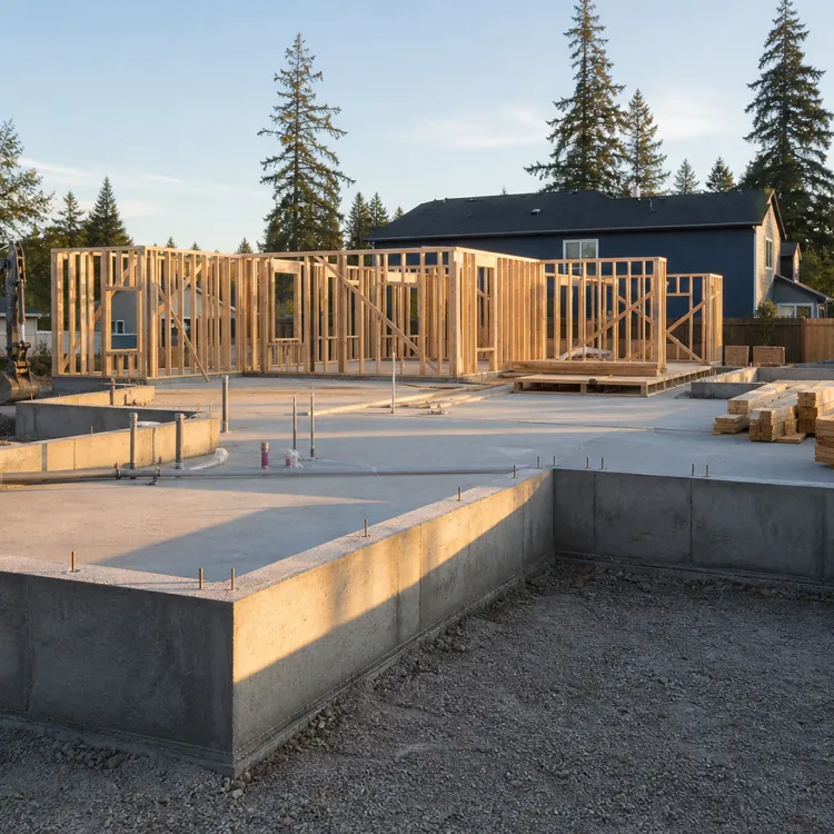 Wood framing and concrete foundation of a house under construction in a suburban neighborhood