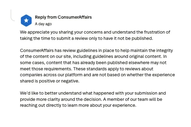 ConsumerAffairs&rsquo; public reply on Trustpilot, explaining that its review guidelines apply to positive and negative reviews alike and that a team member will reach out directly.