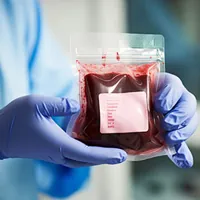 bag of cord blood held by lab technician